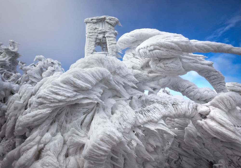 Spectacular ice formations on a mountaintop in Slovenia
