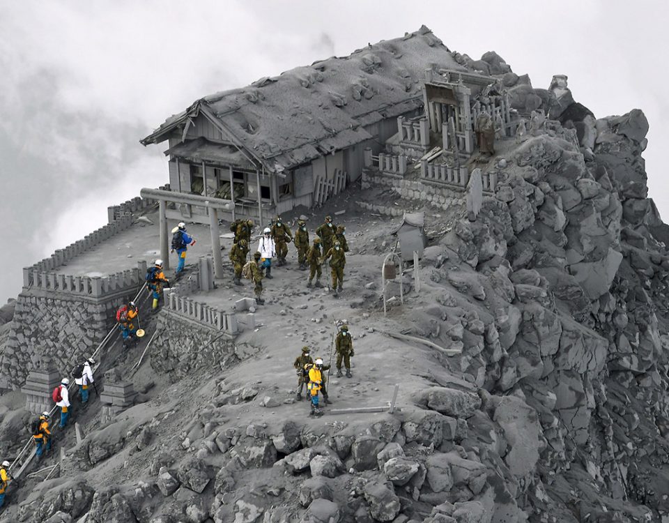 A temple covered in ash from the Ontake volcanic eruption, Japan